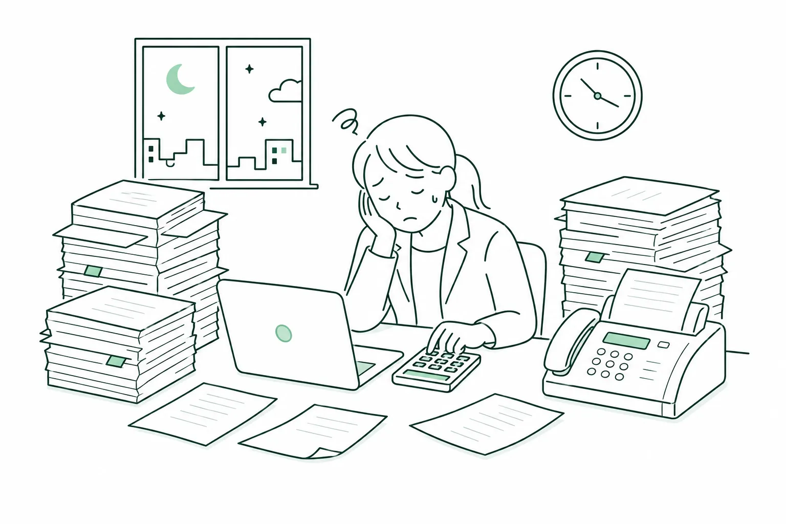 夜の事務所で書類の山に囲まれて残業する事務員のイラスト